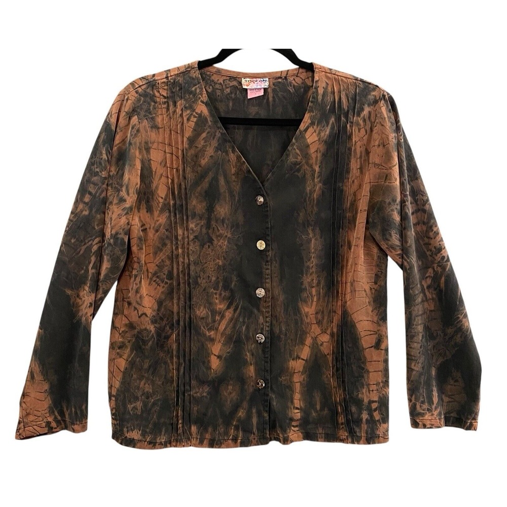 TOOFAN Women Tie Dye‎ Button Long Sleeve Pintuck Blouse Sz S Black Cooper 13-1